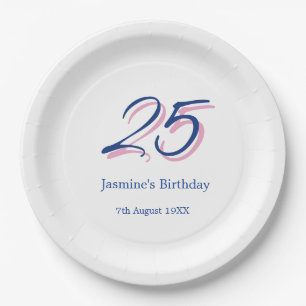 happy 25th birthday blue pink name date bold lette paper plate