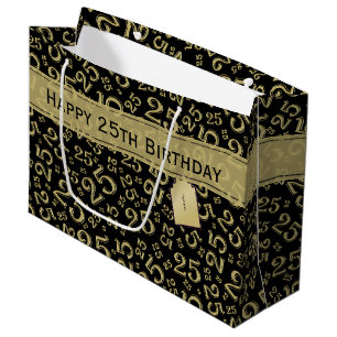 Happy 25th Birthday Number Pattern Black & Gold Large Gift Bag