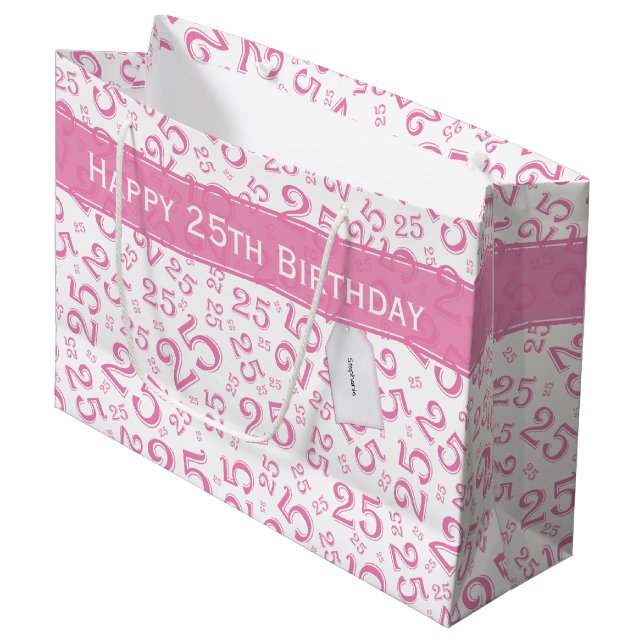  Happy 25th Birthday Pink Random Number Pattern Large Gift Bag (Front Angled)