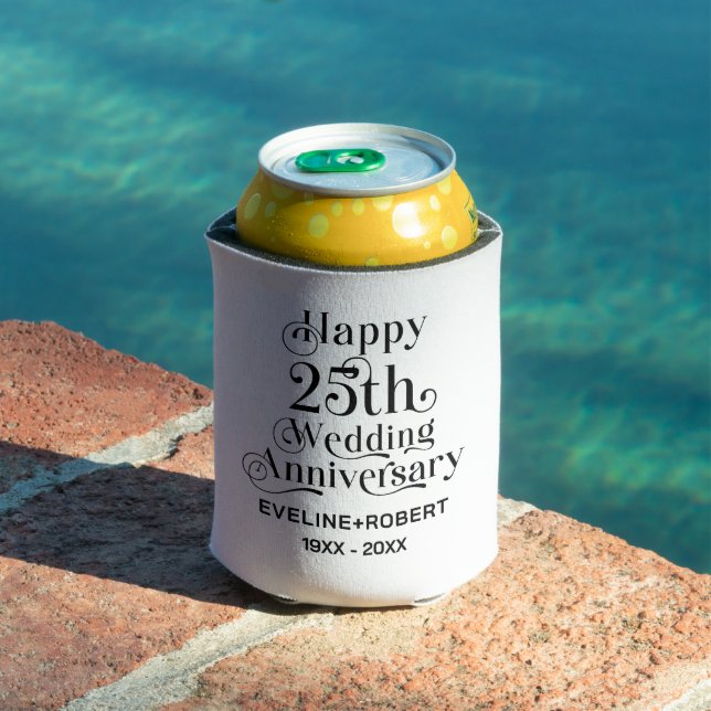 Happy 25th Wedding Anniversary Black Typography Can Cooler (In Situ Pool)