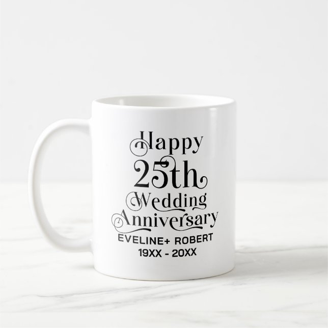Happy 25th Wedding Anniversary Black Typography Coffee Mug (Left)
