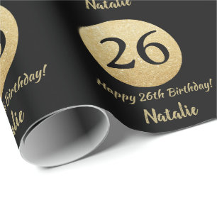 Happy 26th Birthday Black and Gold Glitter Wrapping Paper