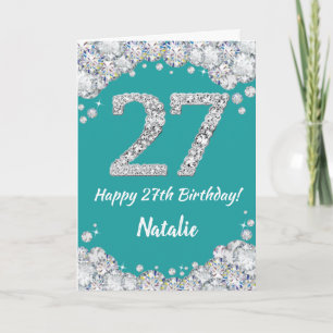 Happy 27th Birthday Teal and Silver Glitter Card