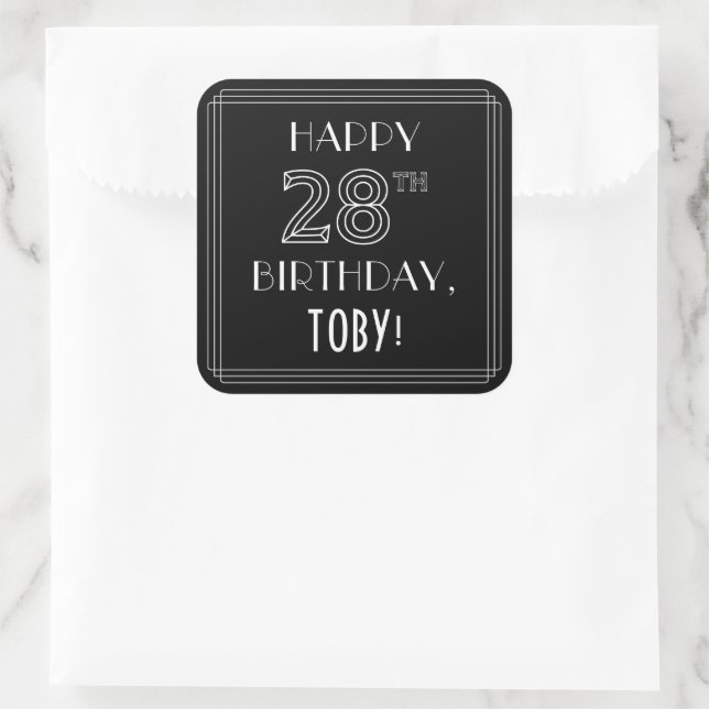 HAPPY 28TH BIRTHDAY; Art Deco Style; Custom Name Square Sticker (Bag)