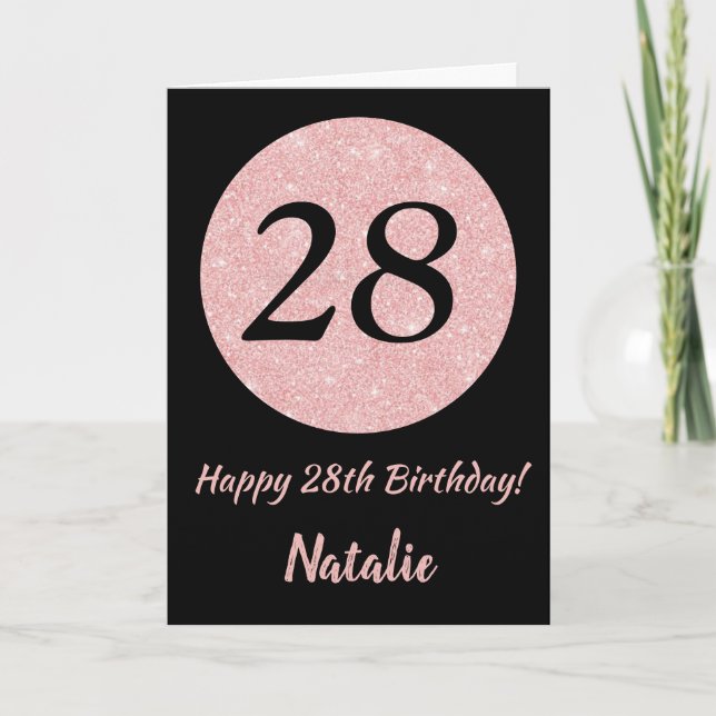 Happy 28th Birthday Black and Rose Pink Gold Card (Front)