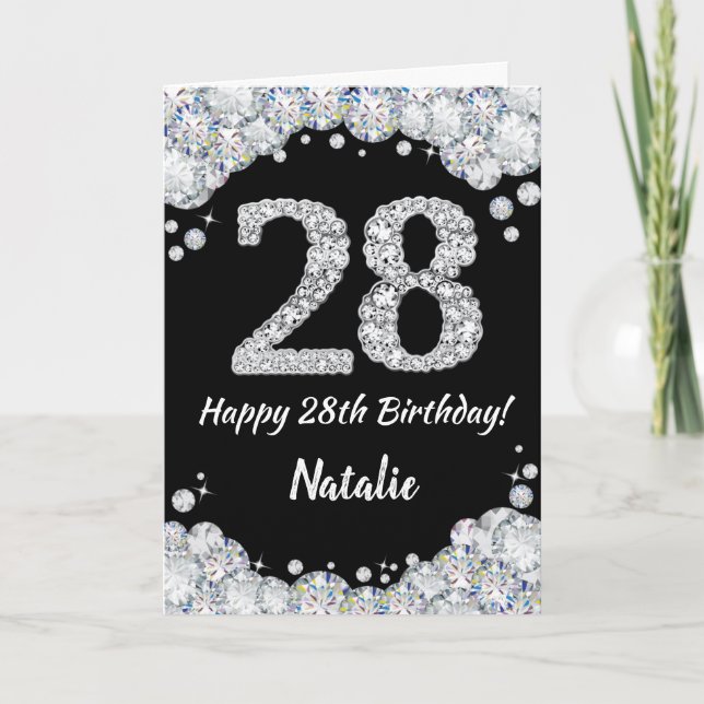 Happy 28th Birthday Black and Silver Glitter Card (Front)