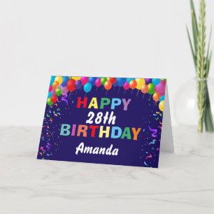Happy 28th Birthday Colorful Balloons Navy Blue Card