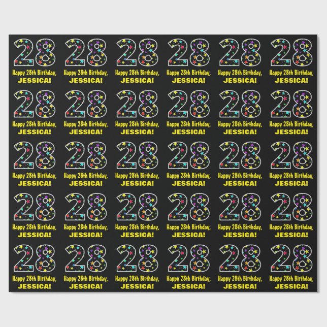 Happy 28th Birthday, Fun Colourful Stars Pattern 2 Wrapping Paper (Flat)
