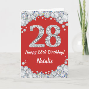Happy 28th Birthday Red and Silver Glitter Card