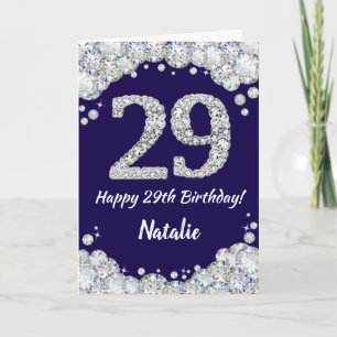Happy 29th Birthday Navy Blue and Silver Glitter Card