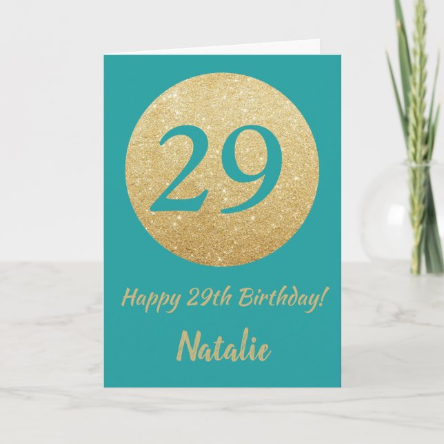 Happy 29th Birthday Teal and Gold Glitter Card (Front)