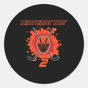 Happy 2nd Birthday Boy Black And Orange Hockey Mas Classic Round Sticker