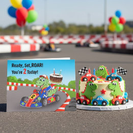 Happy 2nd Birthday Dinosaur Race Car Ready Set Card