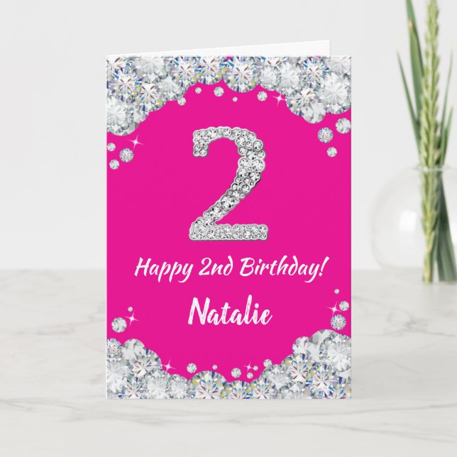 Happy 2nd Birthday Hot Pink and Silver Glitter Card (Front)