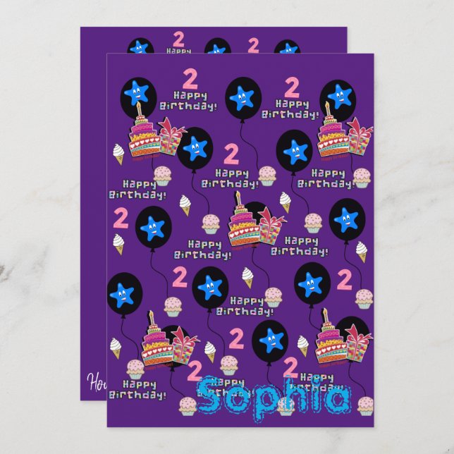 Happy 2nd Birthday Invitation #2 Purple (Front/Back)