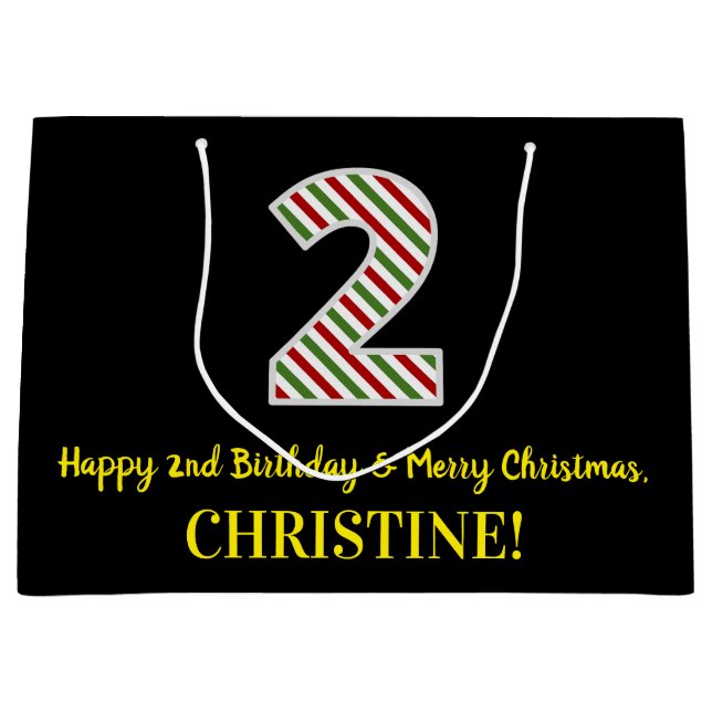 Happy 2nd Birthday & Merry Christmas, Custom Name Large Gift Bag (Front)