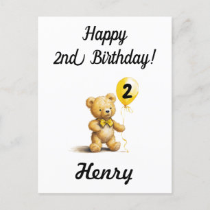 Happy 2nd Birthday, Personalised Teddy Bear Card,  Postcard