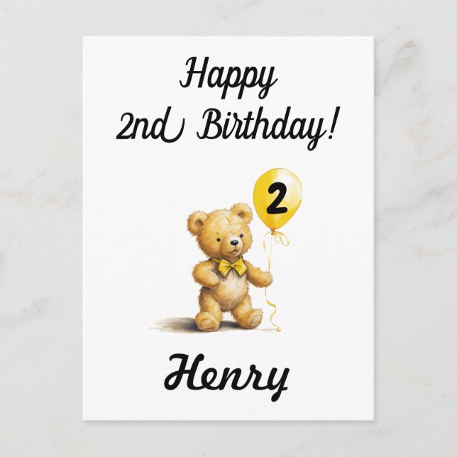 Happy 2nd Birthday, Personalised Teddy Bear Card,  Postcard (Front)