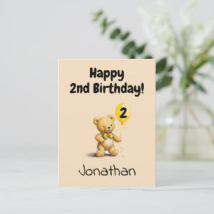 Happy 2nd Birthday, Personalized Teddy Bear Card,  Postcard