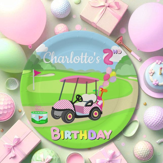 Happy 2nd Birthday Polka Dot Pink Girly Golf  Paper Plate (Creator Uploaded)