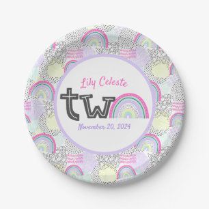 Happy 2nd Birthday Rainbow 90's Baby Girl's Party Paper Plate