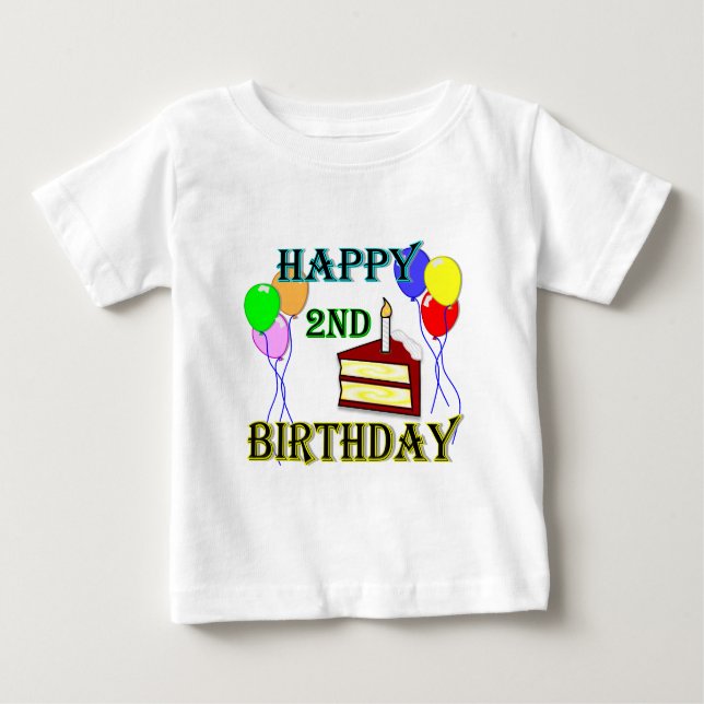Happy 2nd Birthday T-Shirt with Cake and Balloons (Front)