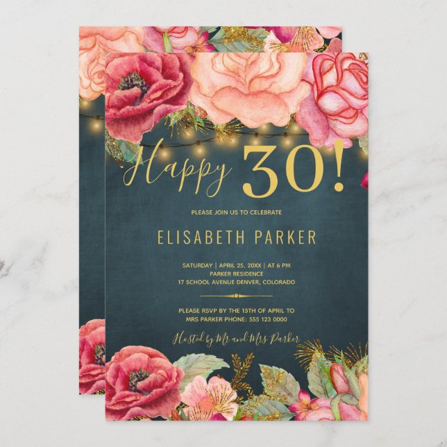 Happy 30 floral chic elegant 30th birthday party invitation (Front/Back)