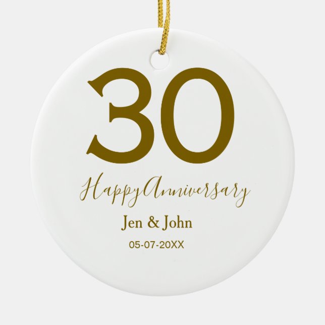 Happy 30th anniversary name date golden bold lette ceramic tree decoration (Front)
