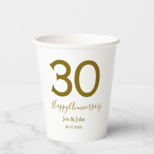 Happy 30th anniversary name date golden bold lette paper cups