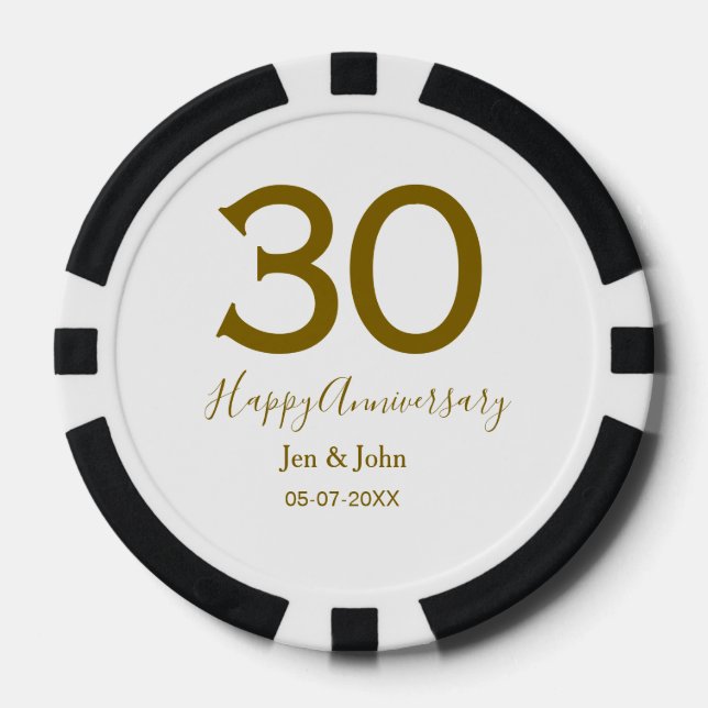 Happy 30th anniversary name date golden bold lette poker chips (Front)