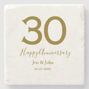 Happy 30th anniversary name date golden bold lette stone coaster
