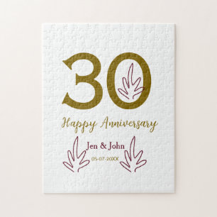 Happy 30th anniversary name date golden red leaf jigsaw puzzle