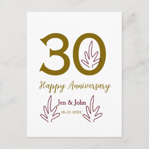 Happy 30th anniversary name date golden red leaf postcard