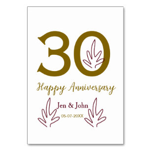 Happy 30th anniversary name date golden red leaf table number