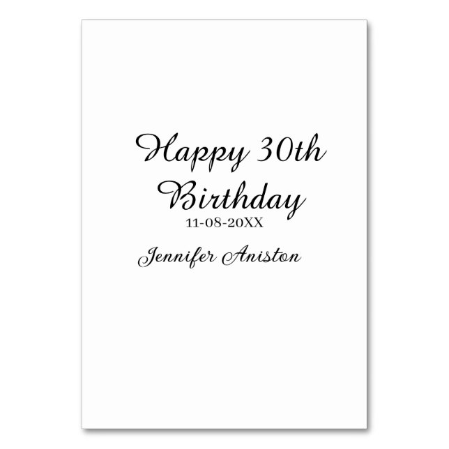 Happy 30th birthday add name date stylish simple  table number (Front)