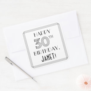 HAPPY 30TH BIRTHDAY, Art Deco Style, Custom Name Square Sticker