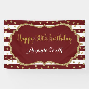 Happy 30th Birthday Banner.Burgundy Gold Glitter Banner