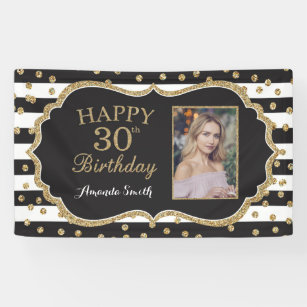 Happy 30th Birthday Banner. Gold Glitter Photo Banner