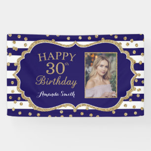Happy 30th Birthday Banner Navy Blue Gold Photo