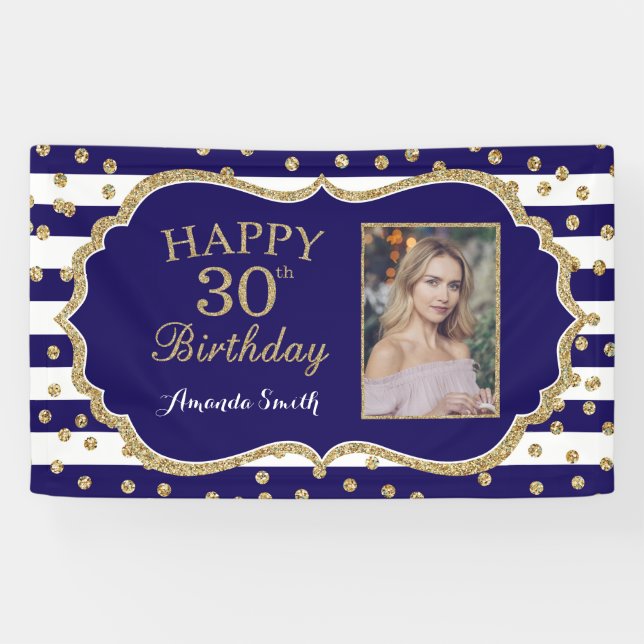 Happy 30th Birthday Banner Navy Blue Gold Photo (Horizontal)