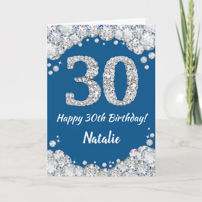 Happy 30th Birthday Blue and Silver Glitter Card (Front)