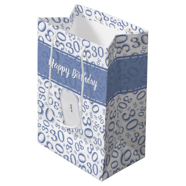 Happy 30th Birthday Blue and White Number Pattern Medium Gift Bag (Front Angled)