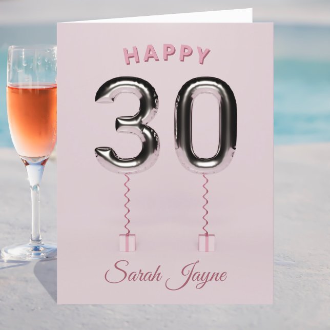 Happy 30th Birthday Card (A pretty pink and silver large 30th Birthday Card. Just add a name and personal greeting inside)