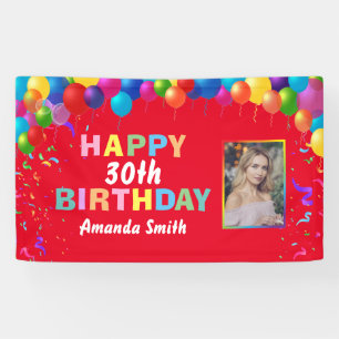 Happy 30th Birthday Colorful Balloons Red Banner