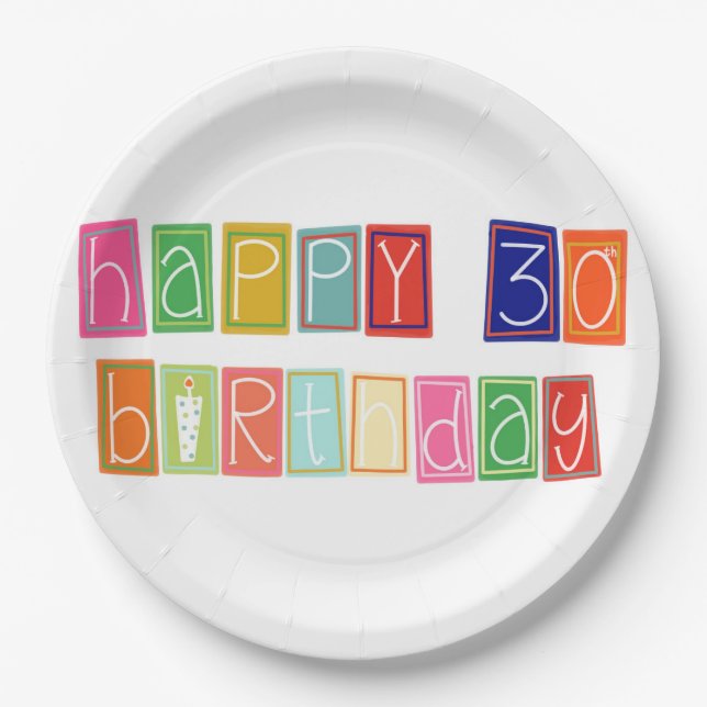 Happy 30th Birthday Colorful Block Letterinng Paper Plate (Front)