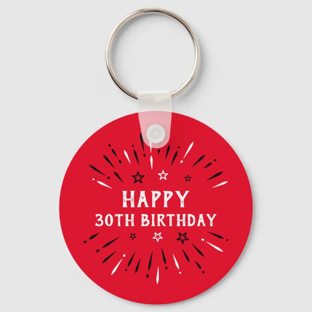 Happy 30th Birthday Fireworks Red Black White Key Ring (Front)