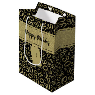 Happy 30th Birthday Gold and Black Number Pattern Medium Gift Bag