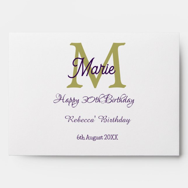 Happy 30th Birthday goldenadd name monogram modern Envelope (Front)