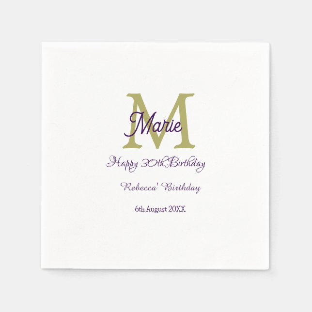 Happy 30th Birthday goldenadd name monogram modern Napkin (Front)