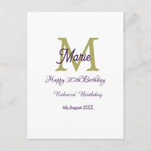 Happy 30th Birthday goldenadd name monogram modern Postcard